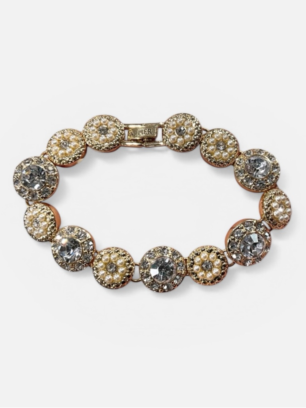 Vintage Napier Gold Tone Bracelet Faux Pearls & Crystal Rhinestones